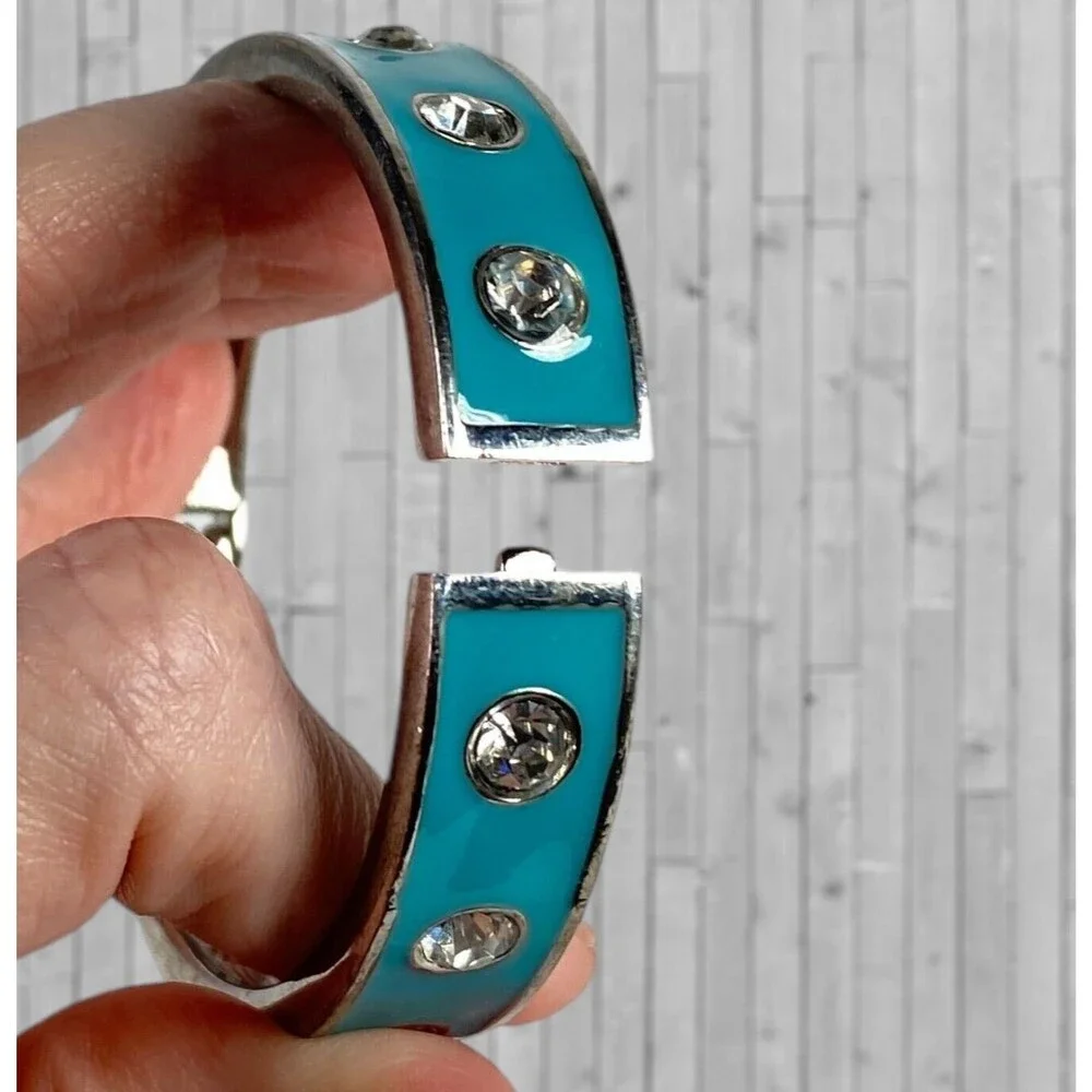 Vintage Enamel Rhinestone Studded Bracelet Turquoise Blue Hinged Bangle Clamper